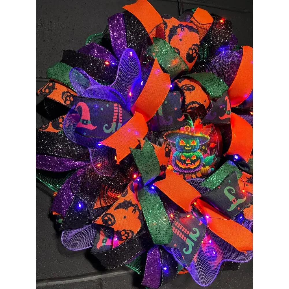 Pre Lit Halloween Wreath Glowing Pumpkin Light Up 24 Inch Handmade Deco Mesh